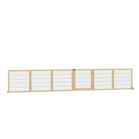 Wooden Pet Gate, 6-Panel Folding Dog Safety Barrier with Support Feet for Small & Medium Dogs, Natural Wood