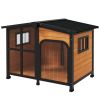 43" L Wooden Dog House, Outdoor Waterproof Dog Kennel for Large Dogs with Openable Roof & Giant Window, Yellow