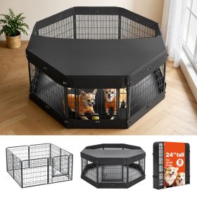 Dog Playpen 24 Inch 8 Panels Heavy Duty with Top Cover & Bottom Pad, Indoor Foldable Metal Exercise Pen Pet Fence with Door