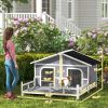 Wooden Large Dog House Outdoor Cabin Style, Elevated Pet Shelter with Porch, for Small and Medium Breed Dogs, Gray