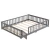 Full Size Floor Bed with Door,Solid Wood Platform Bed Frame with Fence,Suitable for children,Pine Wood,Gray